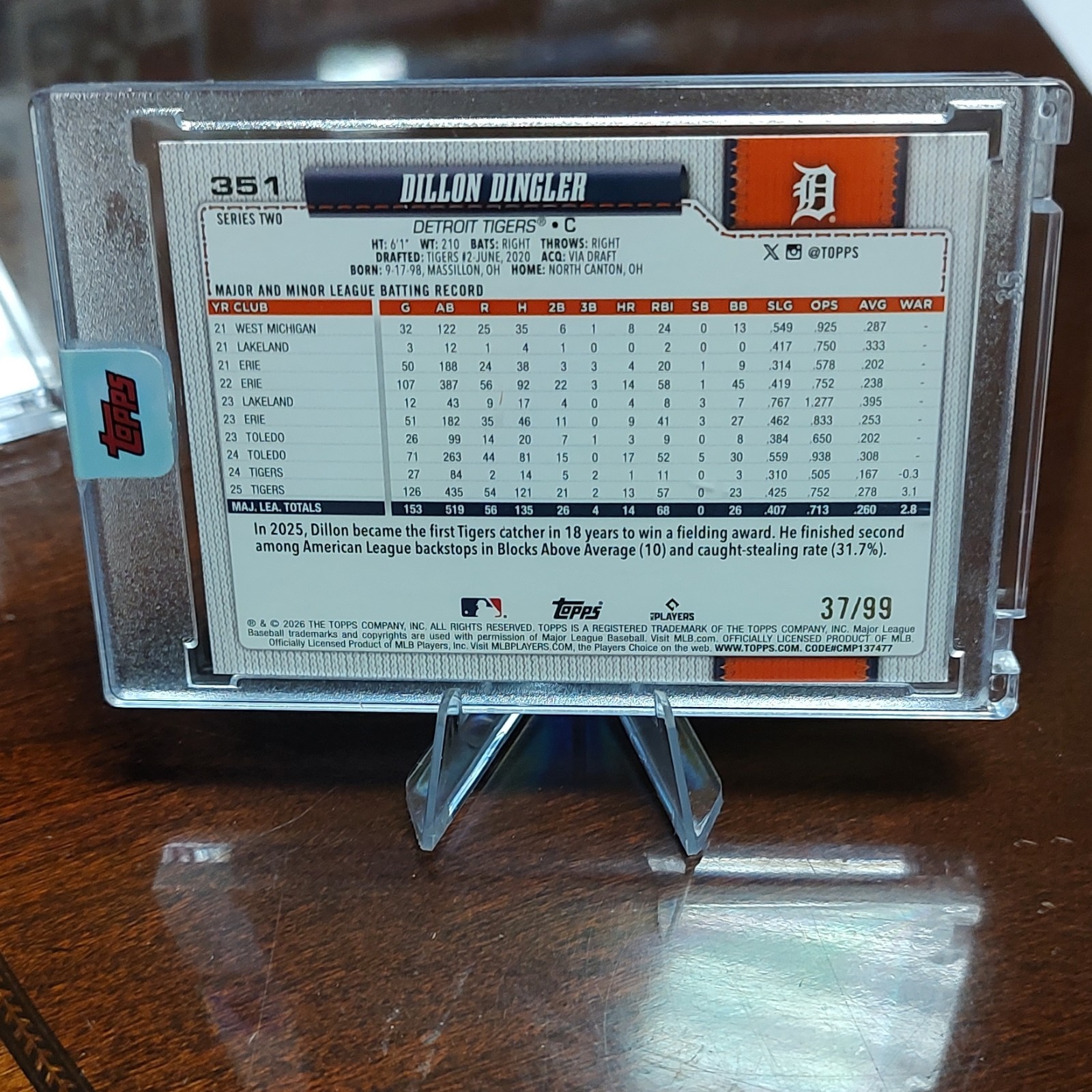 2026 Topps Series 2 Dillon Dingler Green Holofoil Tigers 351 /99