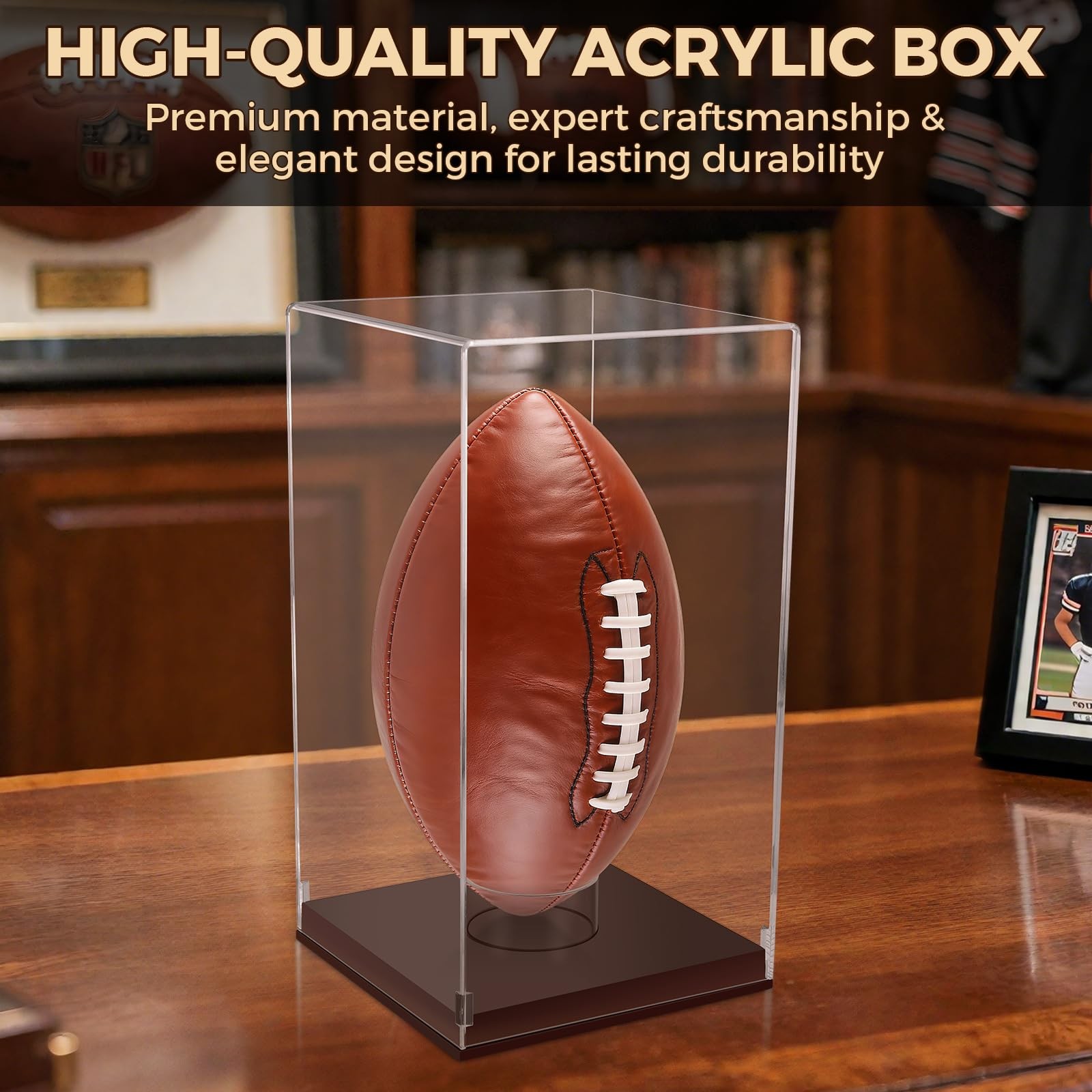 Clear Acrylic Football Display Case With Wooden Base UV Protection Box