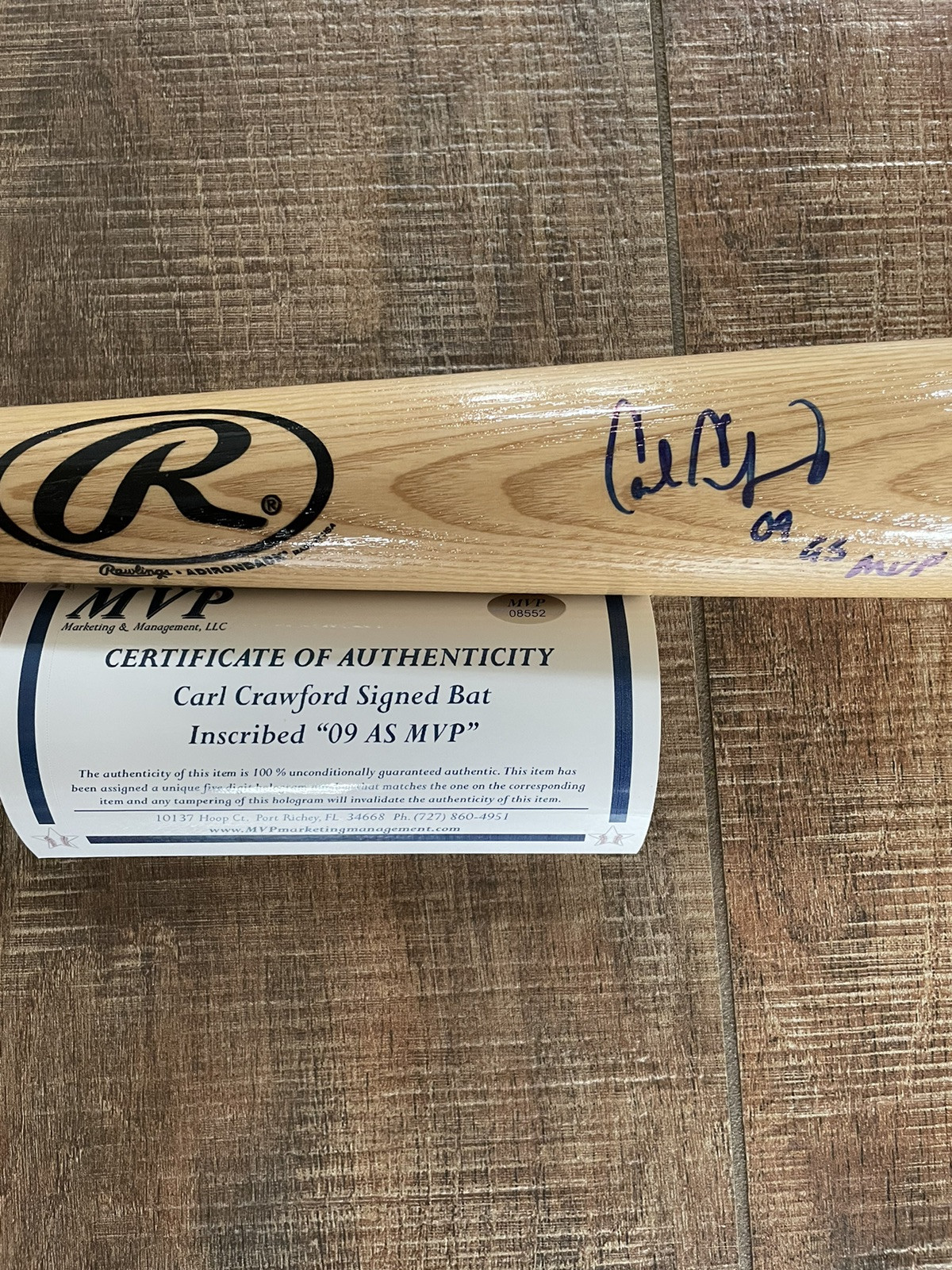 Carl Crawford Autographed Rawlings Big Stick Bat Inscribed 2009 AS MVP GameIssue