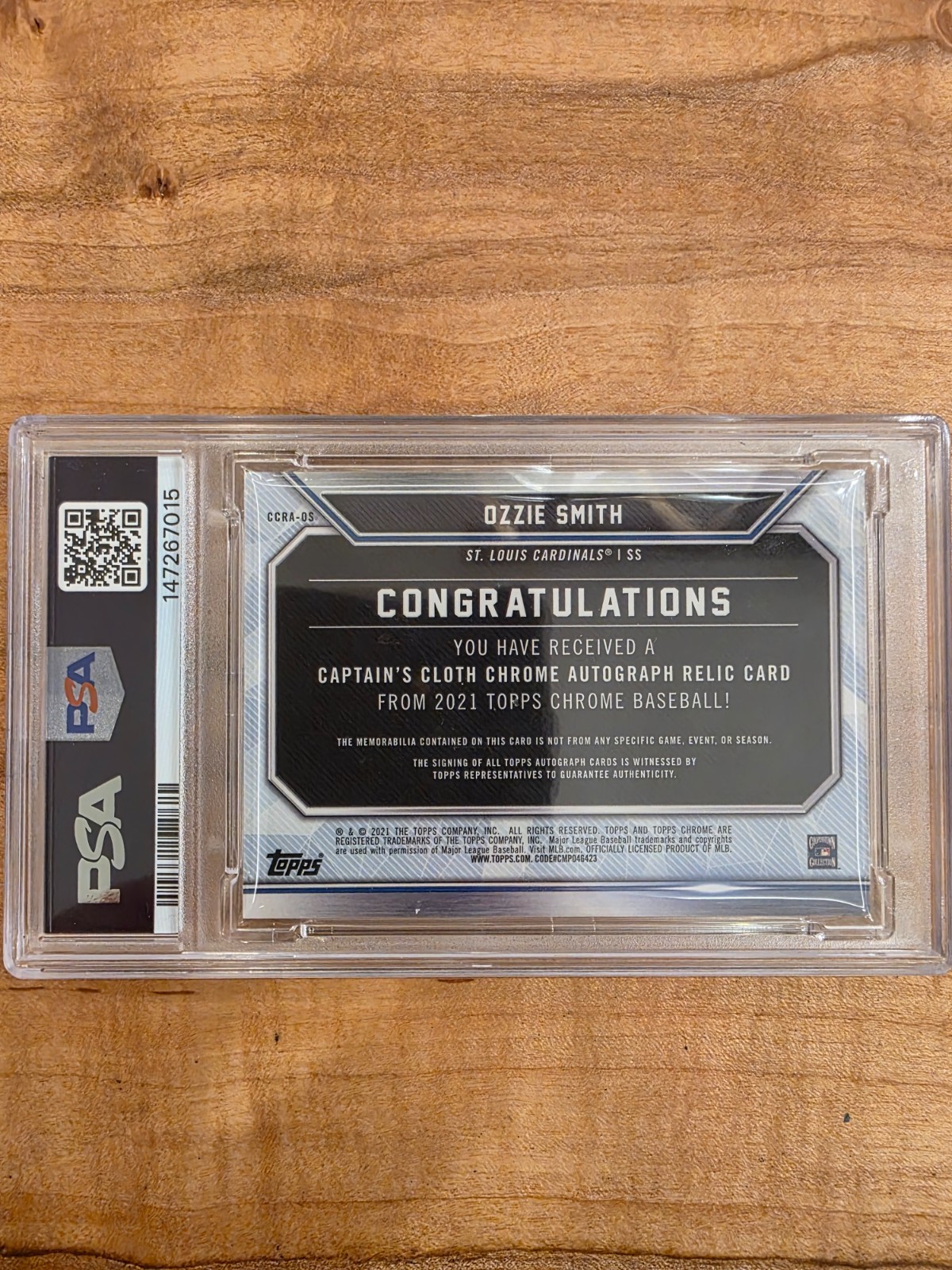 2021 Topps Chrome Ozzie Smith Captains Cloth Relic Auto /99 PSA 9