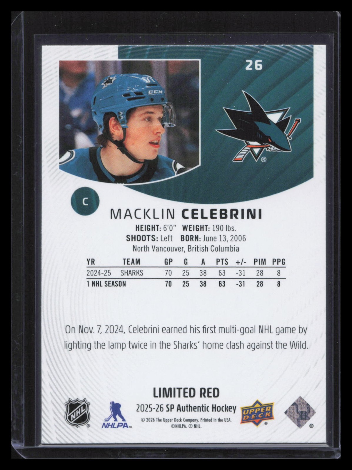 Macklin Celebrini 2025-26 SP Authentic #26 Limited Red