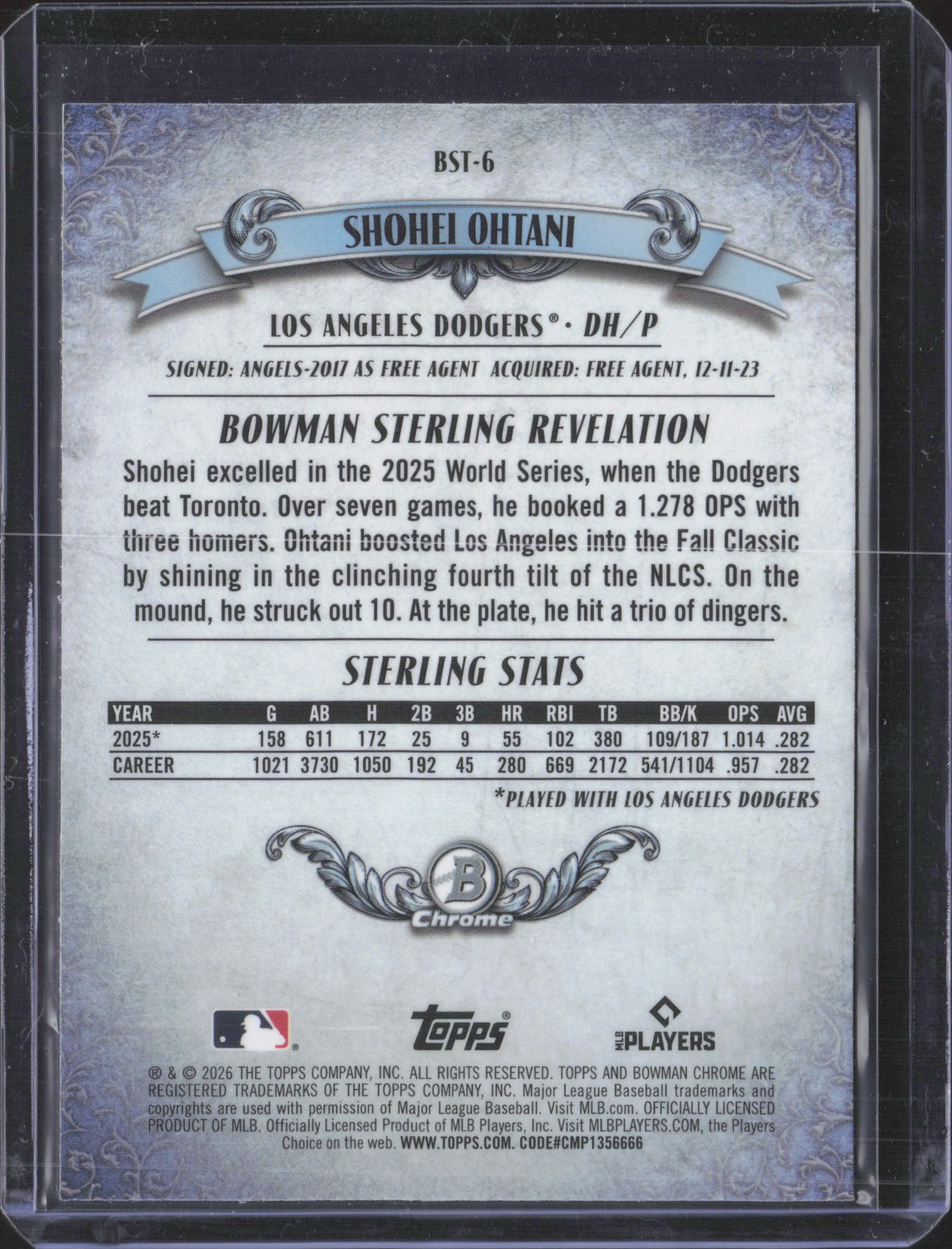 2026 Bowman #BST-6 Shohei Ohtani Bowman Sterling Mojo Refractors