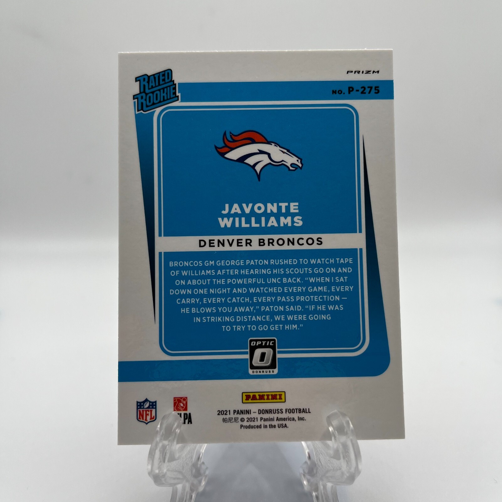 2021 Panini Optic Javonte Williams Preview Rated Rookie Pink Holo Prizm #P-275