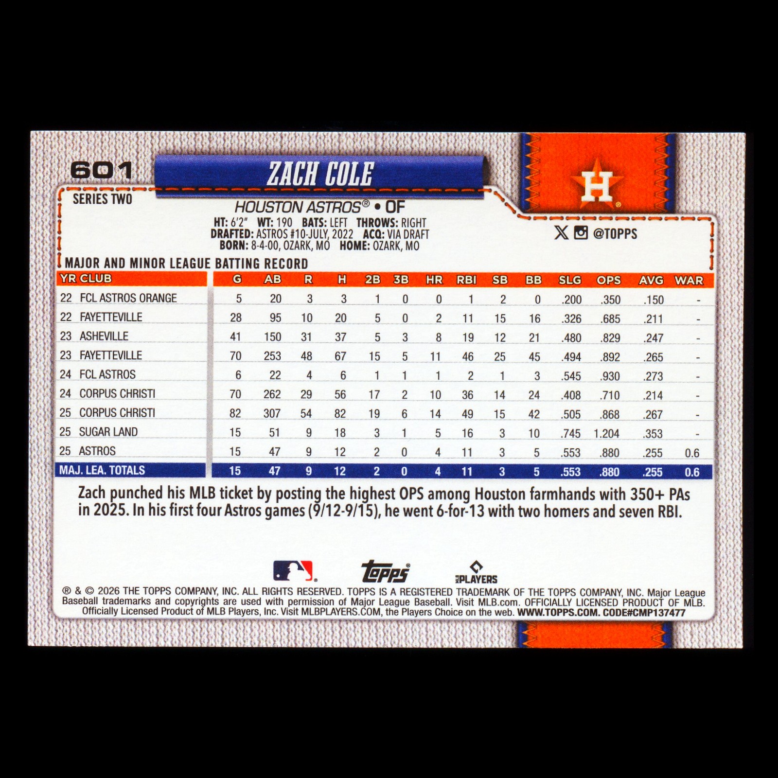 Zach Cole RC 2026 Topps Rookie Astros