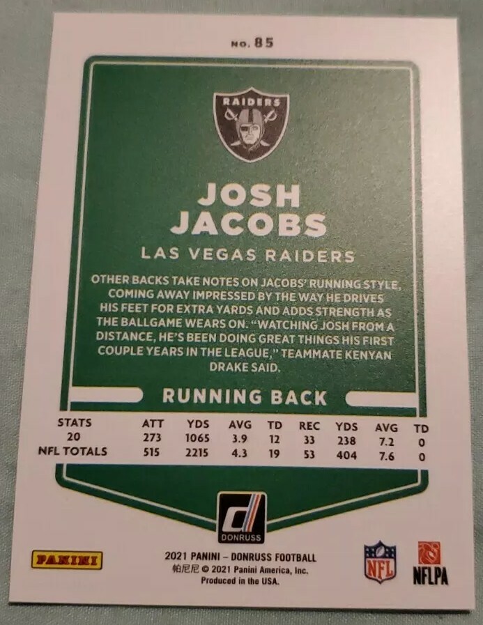 2021 DONRUSS PREMIUM STOCK HOLO JOSH JACOBS GOLD PRESS PROOF VARIATION