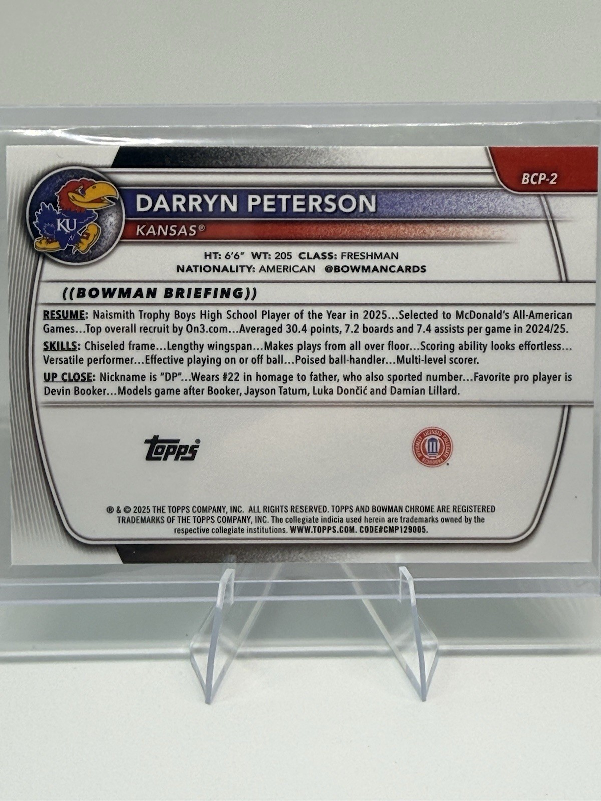 Topps 2025 Bowman Chrome Prospects Darryn Peterson 1st Bowman BCP-2 Kansas