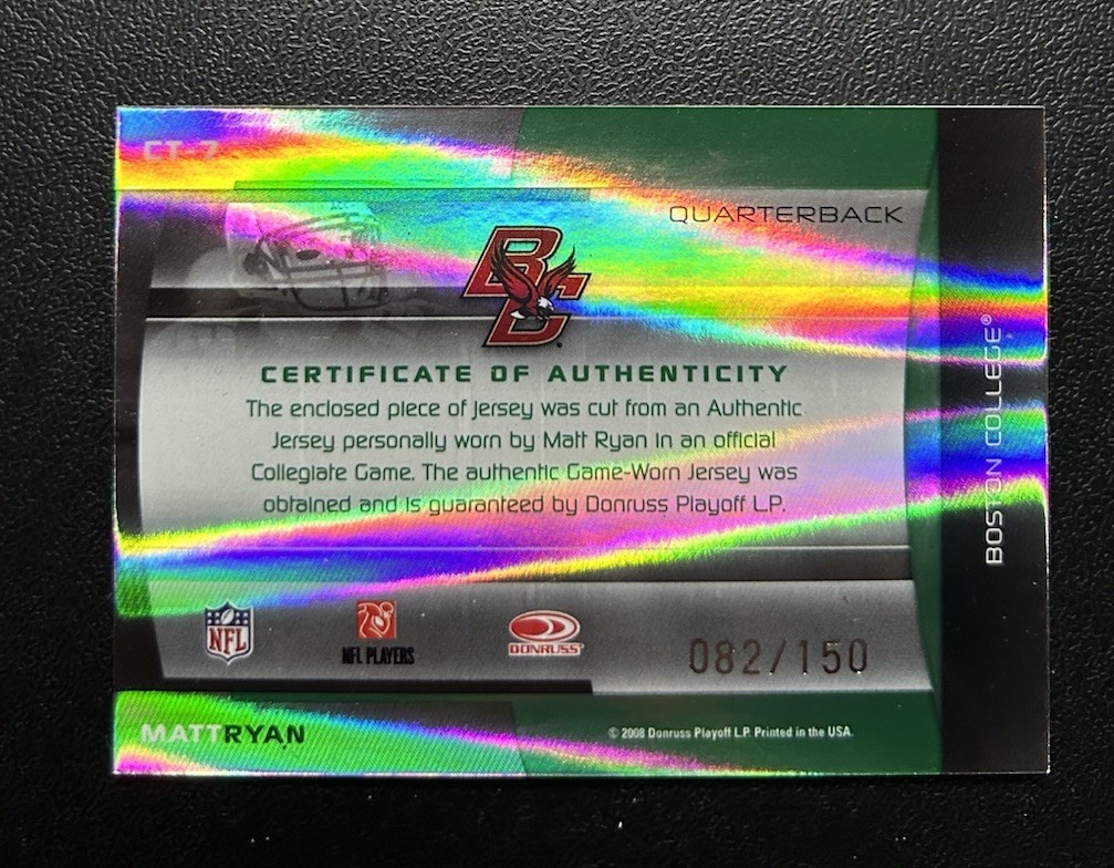 2008 Donruss Elite Matt Ryan College Ties Game-Worn Rookie 82/150 #CT-7