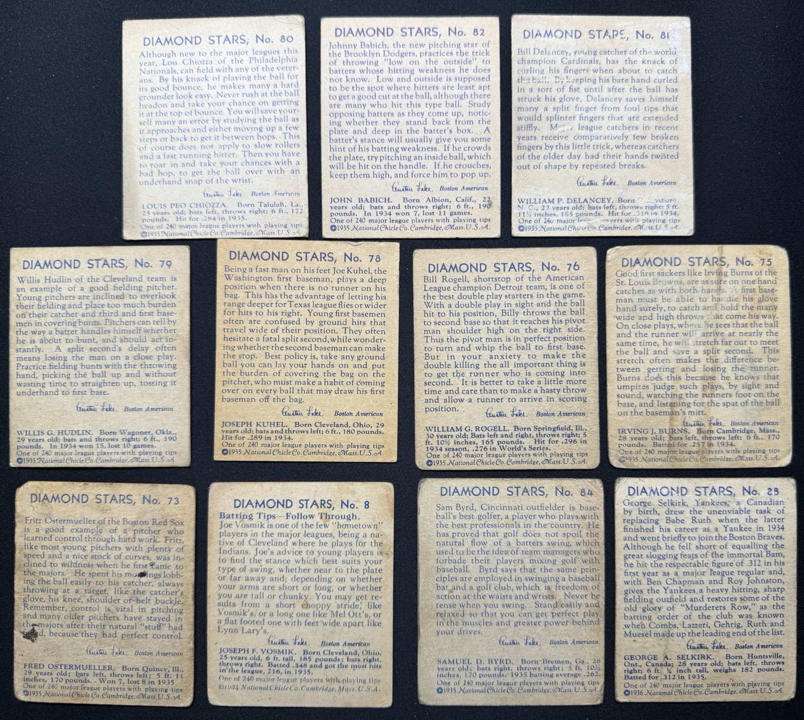 1934-36 Diamond Stars lot of (11) dif vintage baseball cards