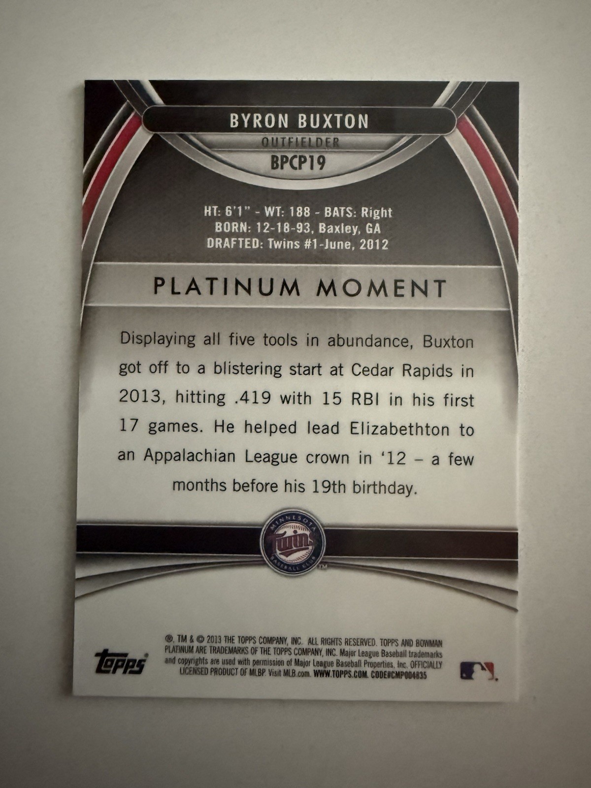 Byron Buxton 2013 Bowman Platinum Prospects Gold Refractor /50 BPCP-19