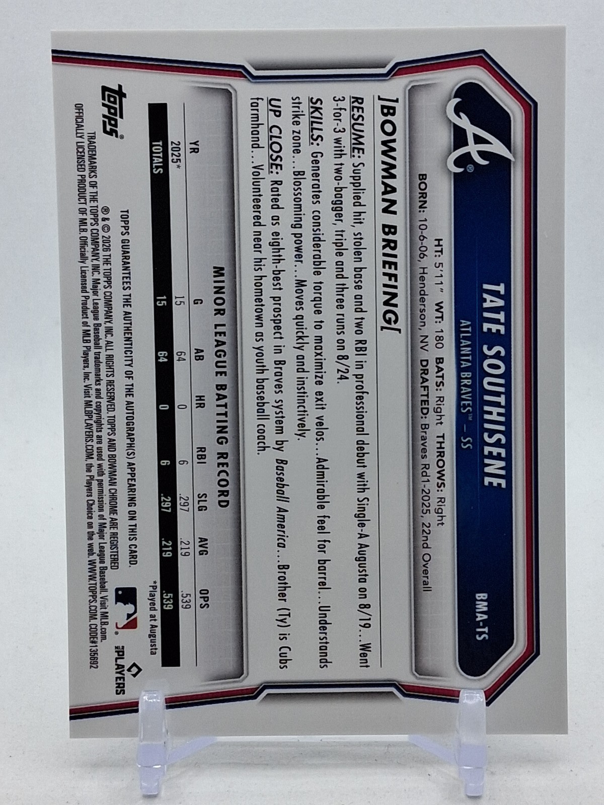 2026 Bowman #BMA-TS Tate Southisene Chrome Autographs Mojo Refractors