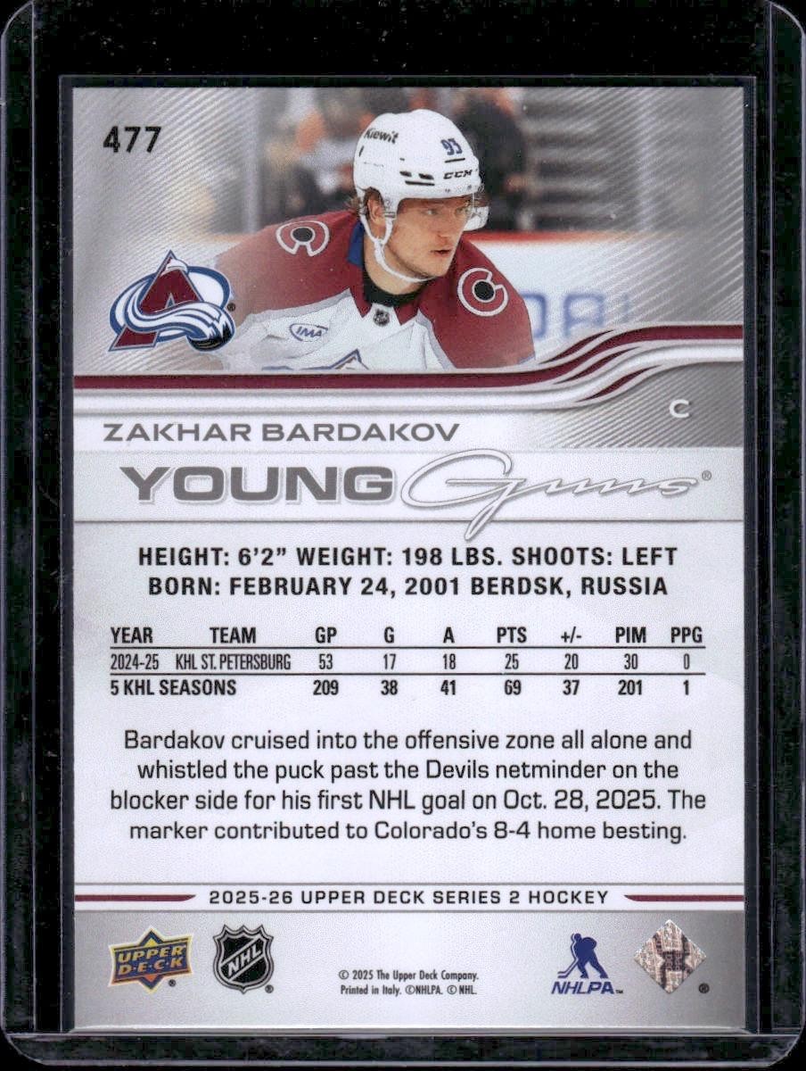 2025-26 Upper Deck #477 Zakhar Bardakov Young Guns Rookie Colorado Avalanche