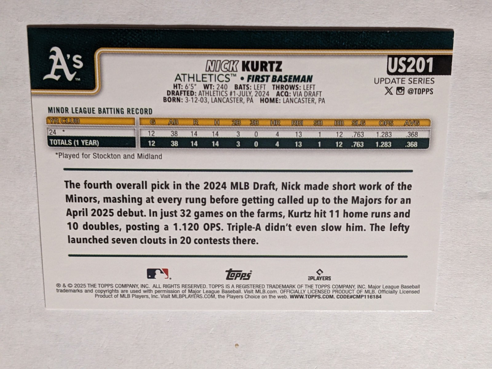 2025 Topps Update Nick Kurtz #US201 Rookie RC Meijer Exclusive Tinsel ROY!