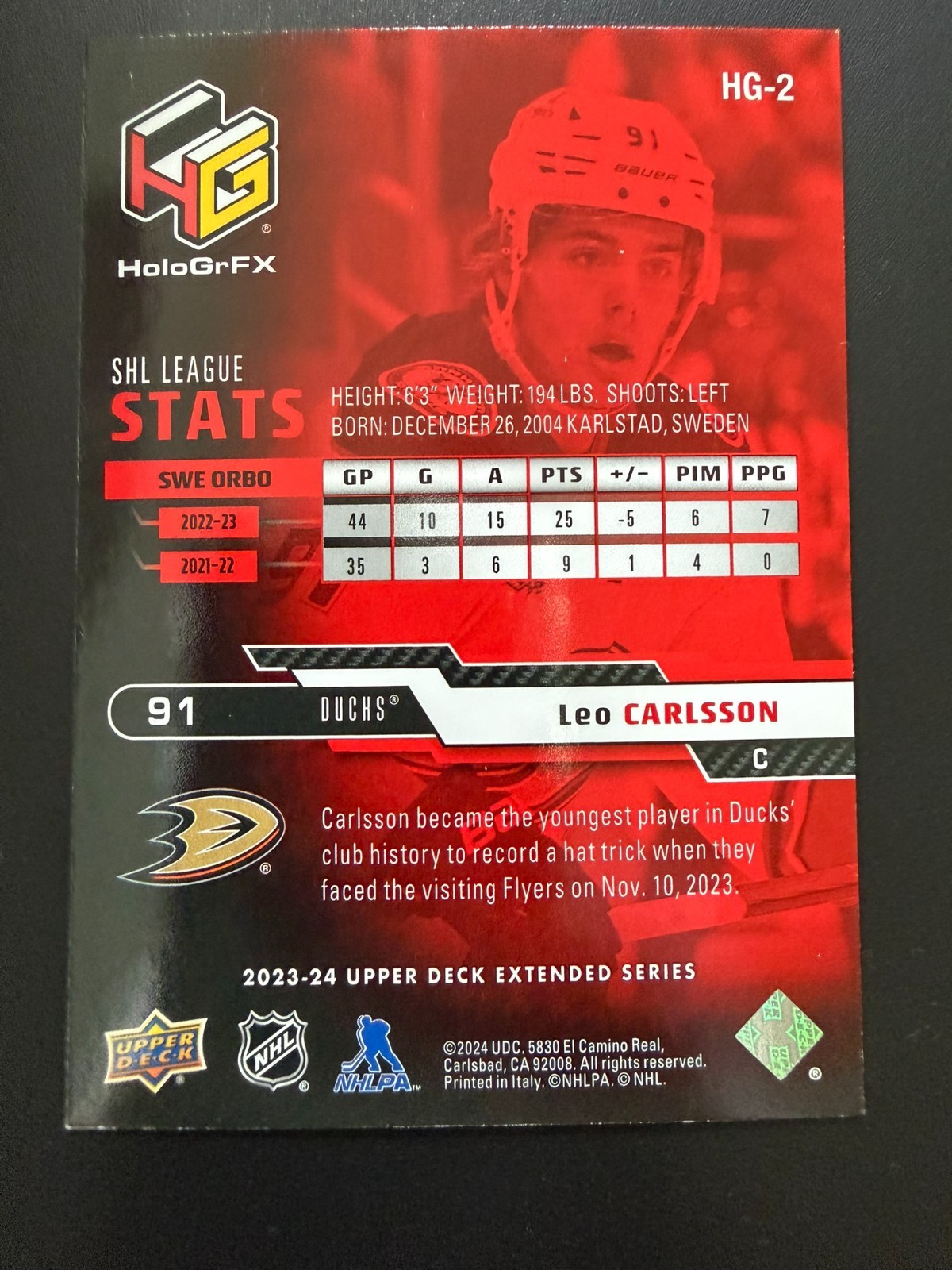 2023-24 Upper Deck HoloGrFX Leo Carlsson Card #HG-2 – Rookie – Ducks