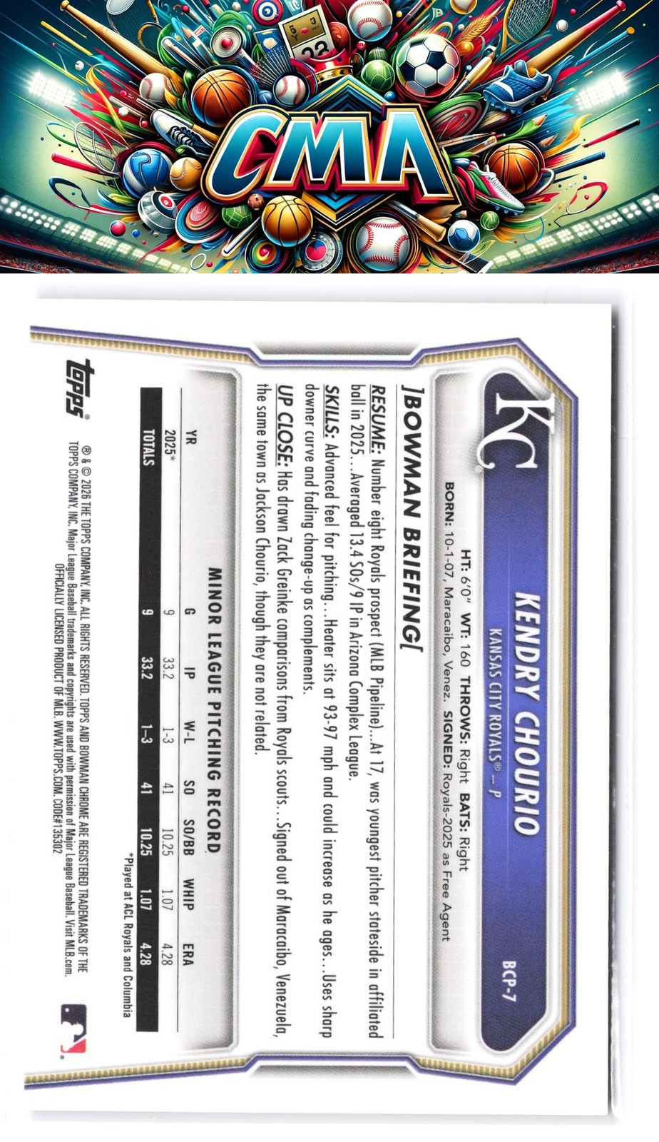 2026 Bowman #BCP-7 Kendry Chourio Chrome Prospects Reptilian Refractor