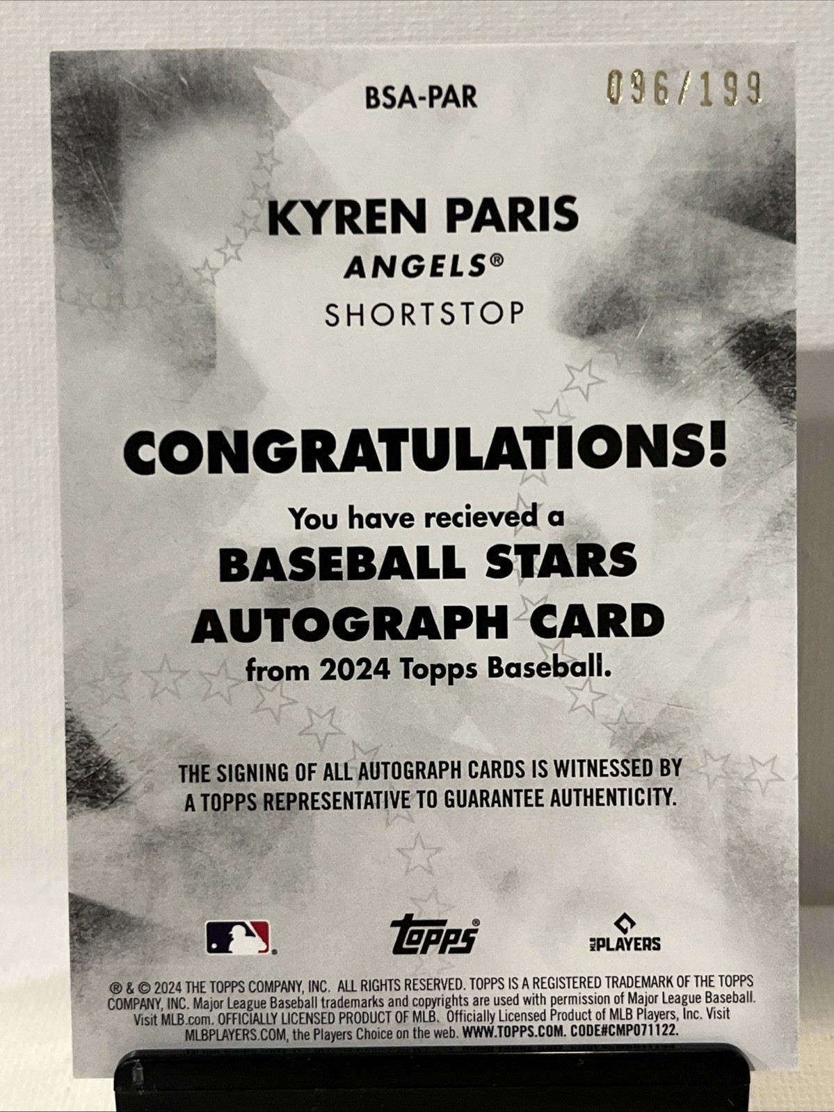 2024 Topps Update Series Kyren Paris Baseball Stars RC Auto /199 (D727)