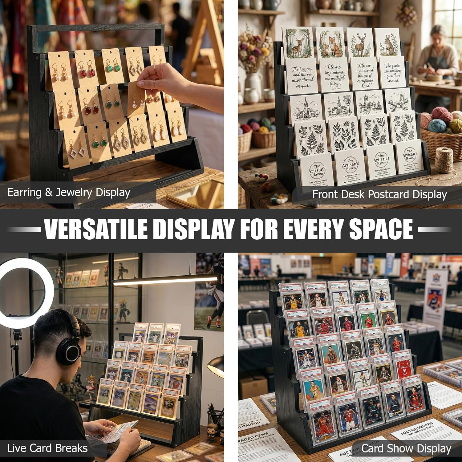 5 Tier Wooden Card Display Stand – Vertical Card Holder Display for Trading Card