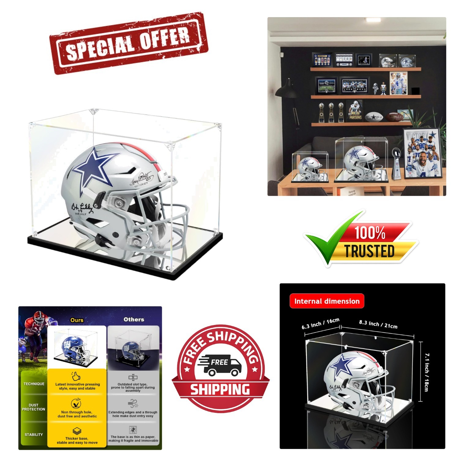 Elegant Mini Football Helmet Display Case with Mirror Base – 8.3×6.3×7.1 in