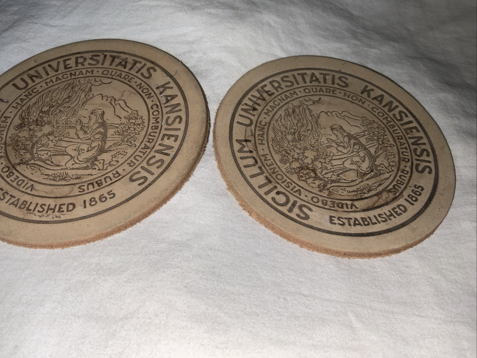 KU University of Kansas Set of 2 Latin Leather Coasters Universitatus Kansiensis