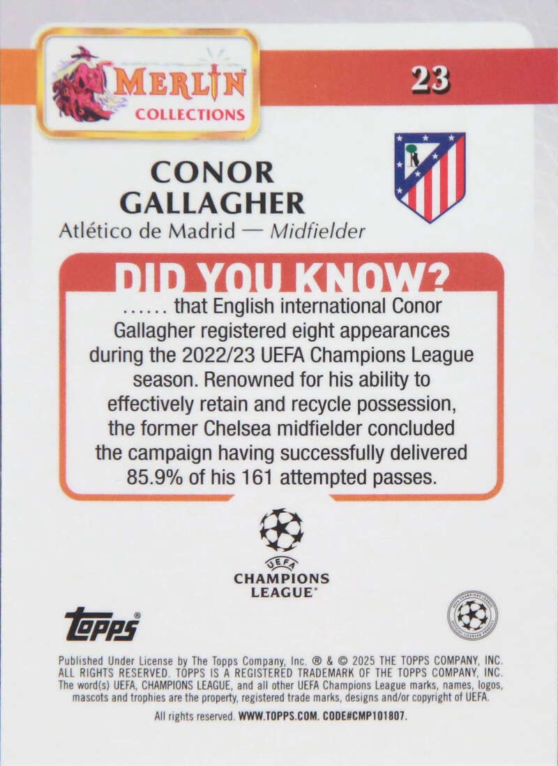 2024-25 Topps Merlin UEFA Club Comp. #23 Conor Gallagher Atl?tico de Madrid