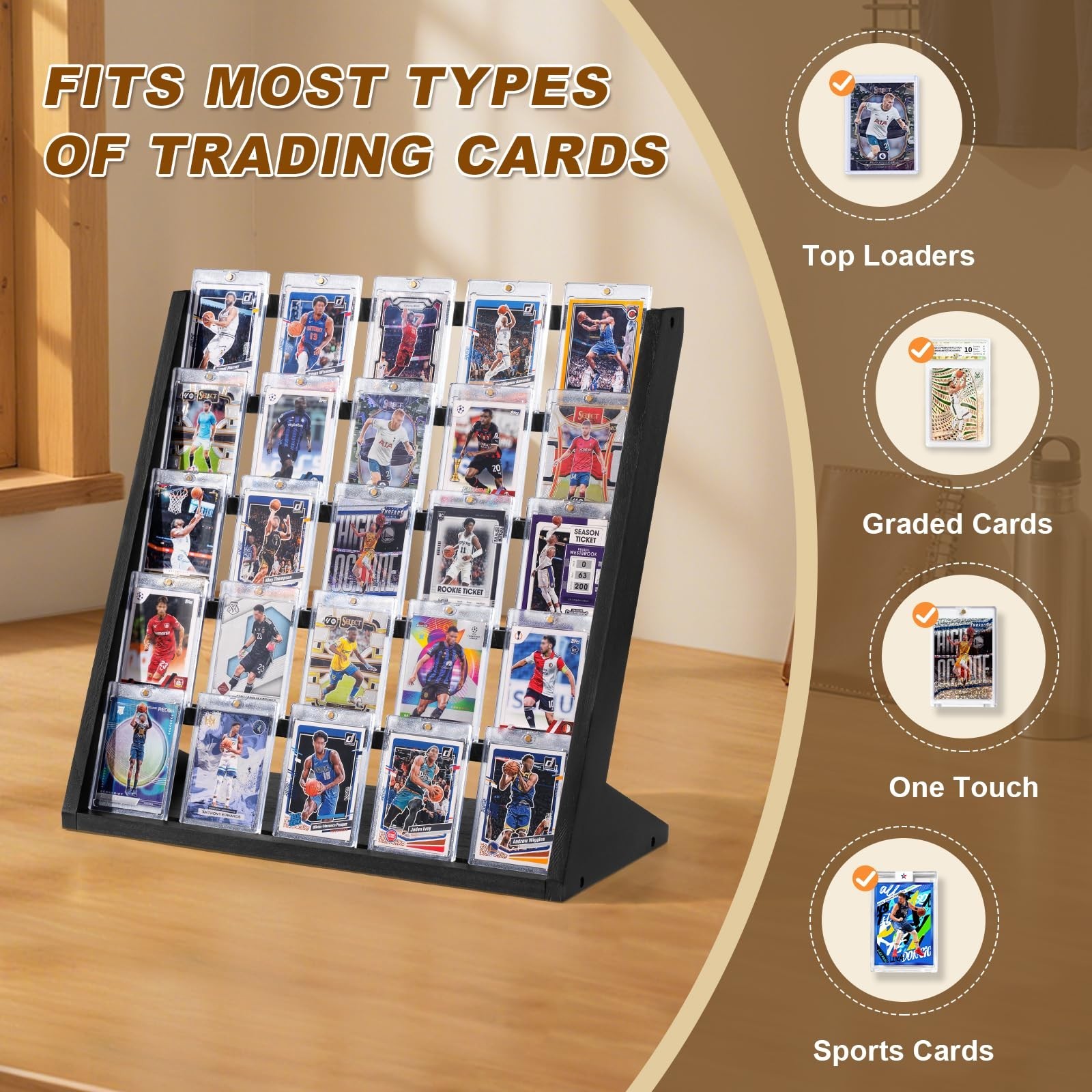 5-Tier Wooden Trading Card Display Stand for Sports Cards Collection & Showcase