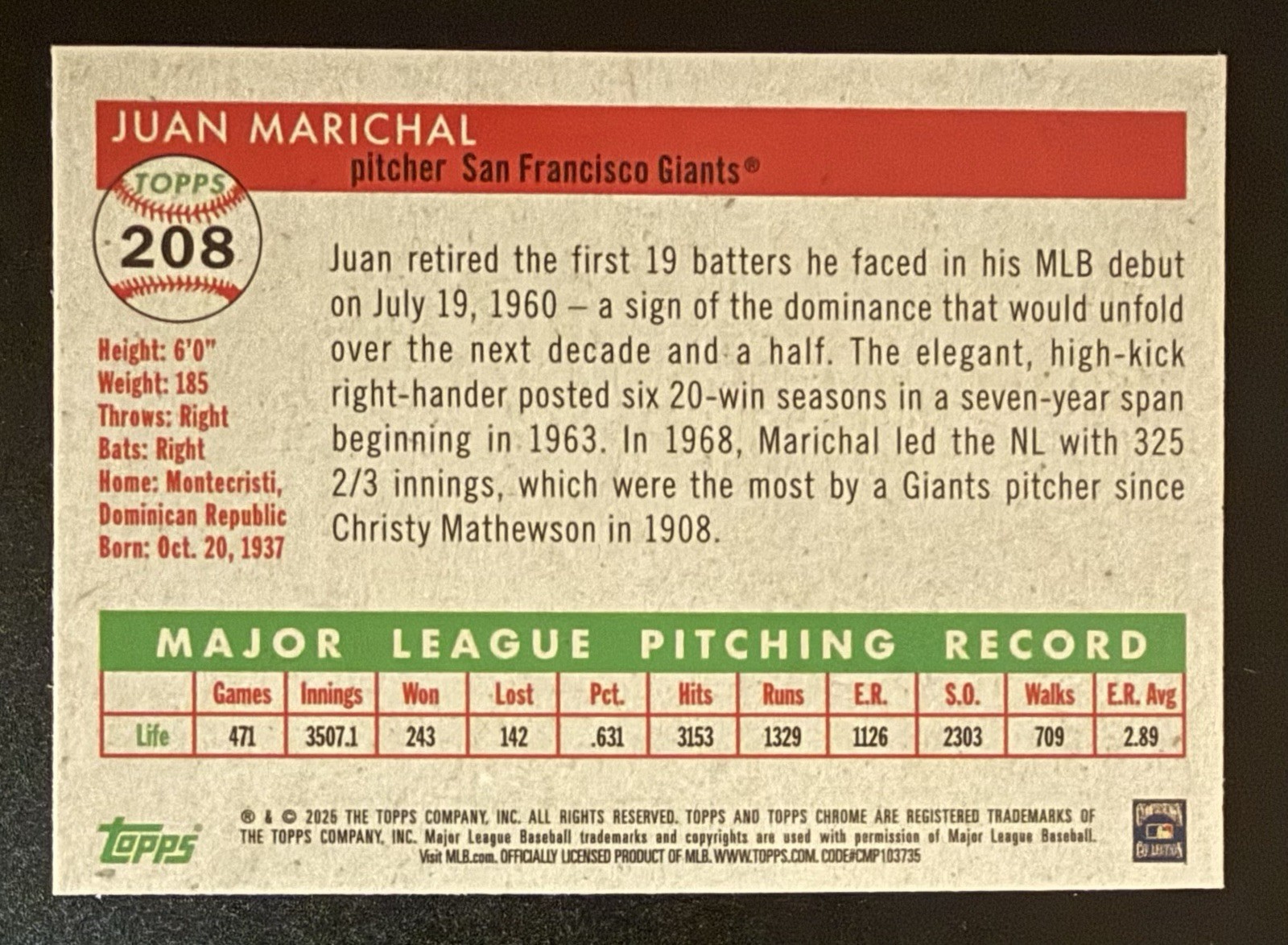 2025 Topps Chrome Platinum Juan Marichal #208 X-Fractor Giants (WX1)