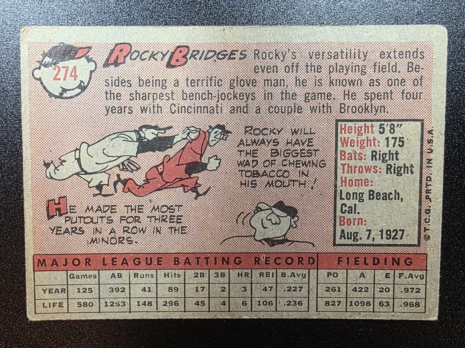 1958 Topps Rocky Bridges #274 Senators Set-Break VG