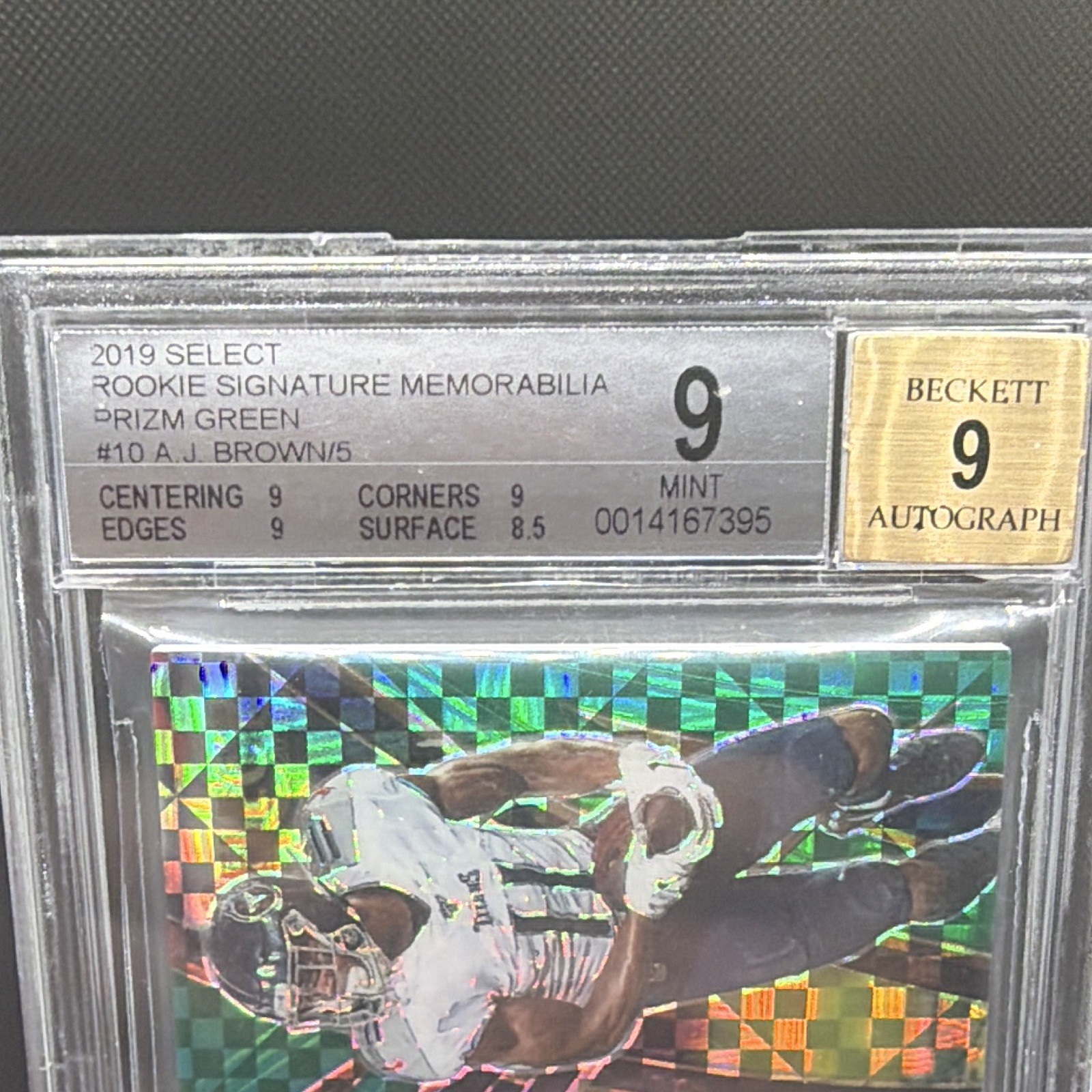 2019 Select A.J. Brown Rookie Game Worn patch Green Auto 5/5 (bookend) BGS 9