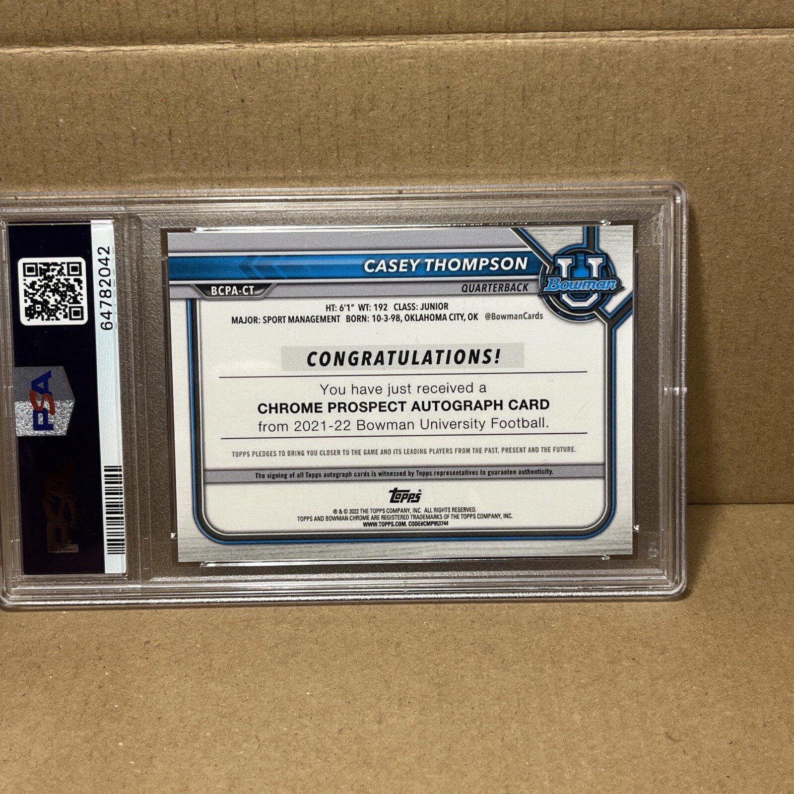2021 Bowman University Casey Thompson Chrome Prospect Auto Green /99 PSA 9 Grade