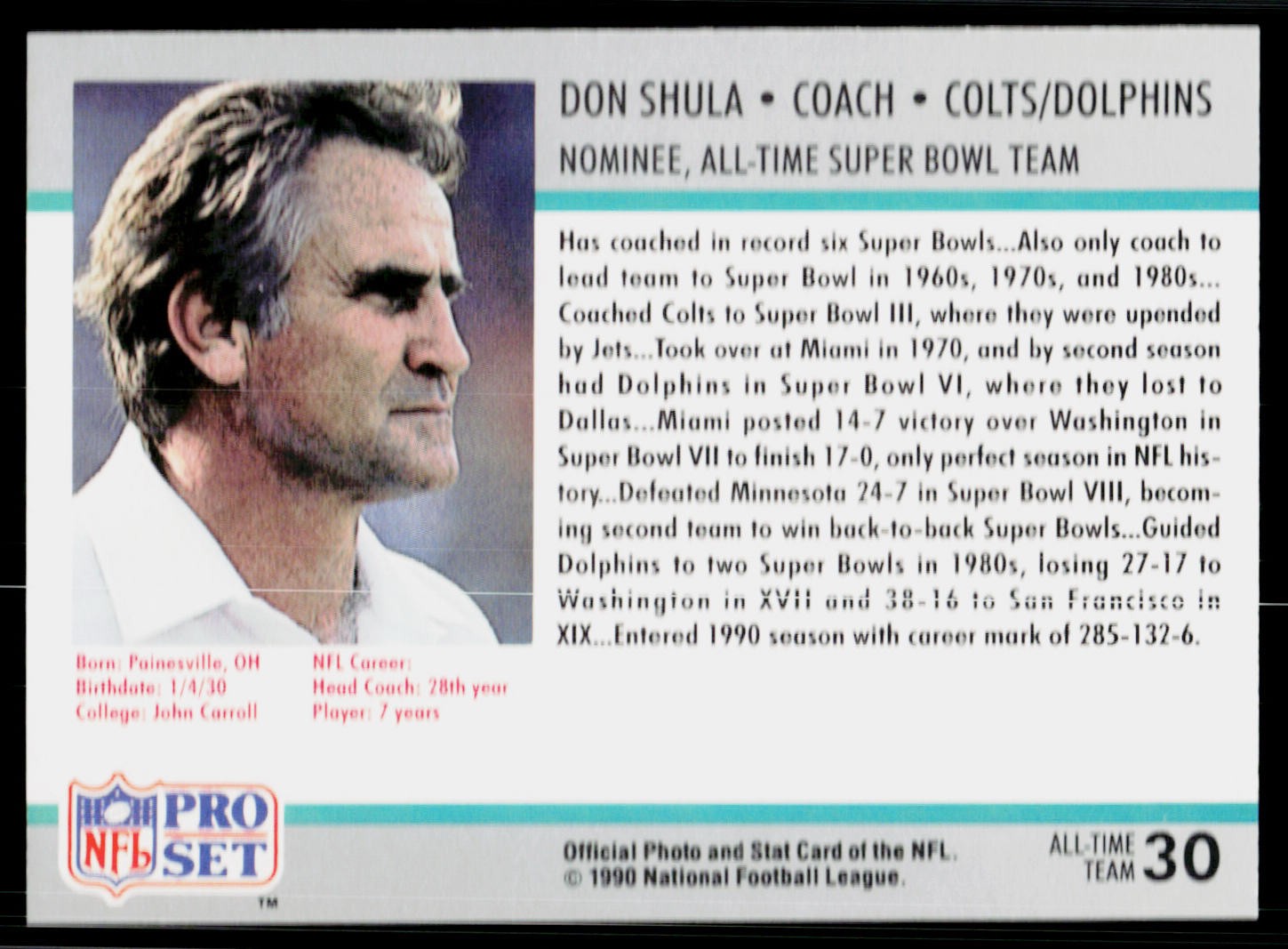 Don Shula, 1990-91 Pro Set Super Bowl XXV Silver, #30, Miami Dolphins,