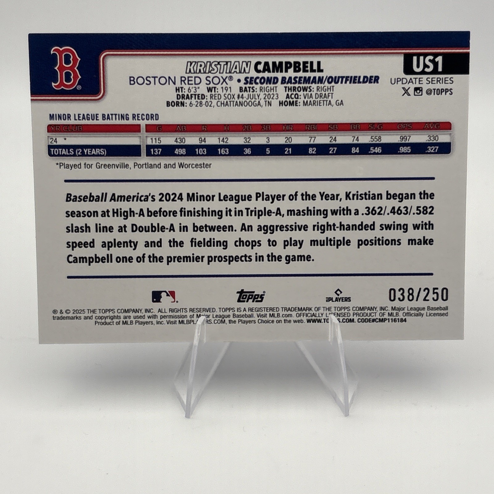 2025 Topps Update- Kristian Campbell #US1 Purple Rainbow Foil 038/250 (RC)