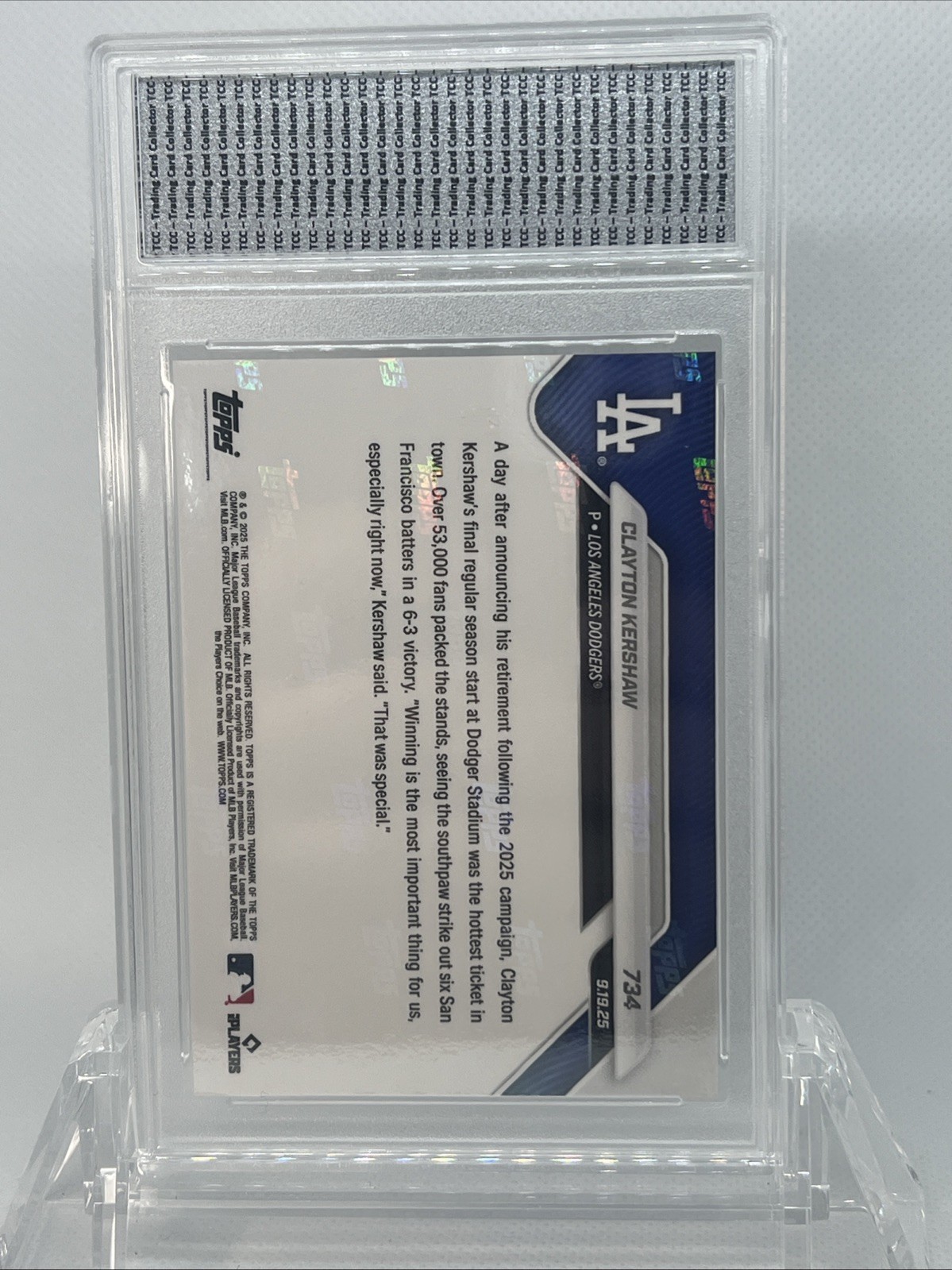 2025 Topps Now Clayton Kershaw Hollywood Ending TCC Graded Gem Mint 10