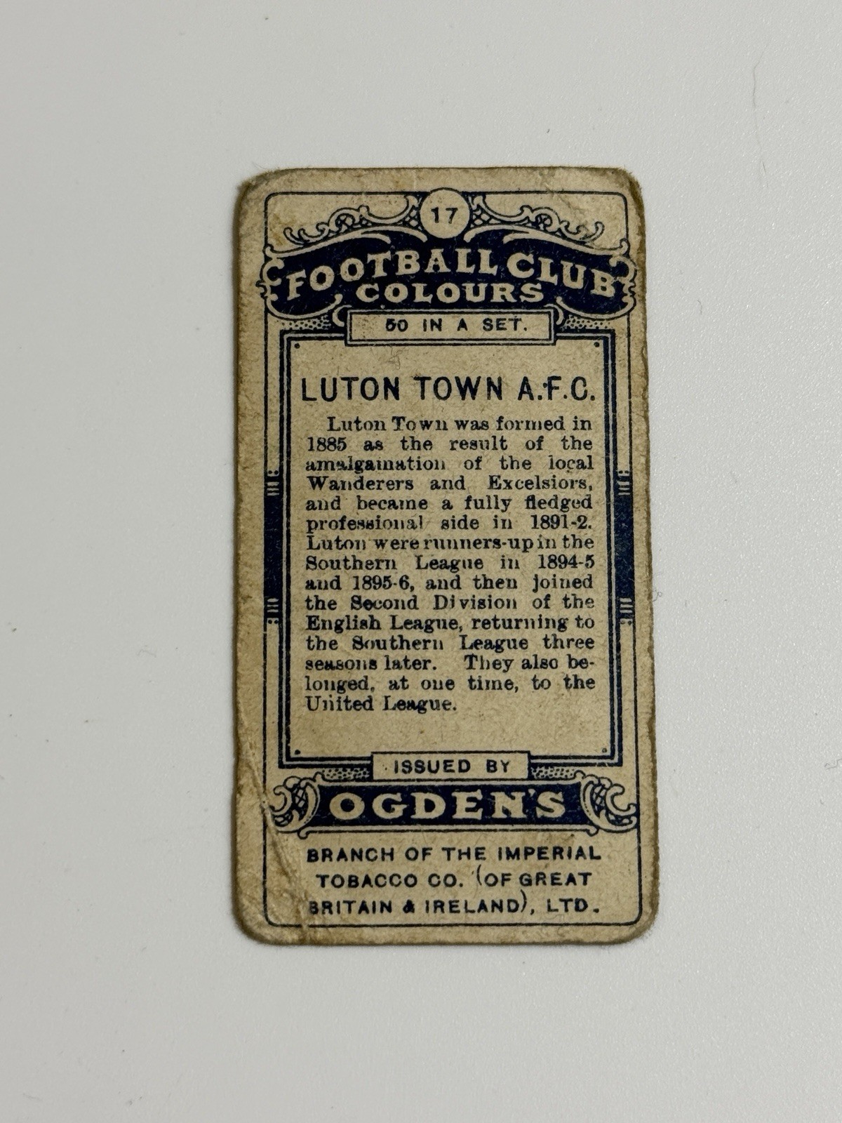 1906 Vintage Soccer ITC Football Club Tobacco Ogden’s #17 Luton Town