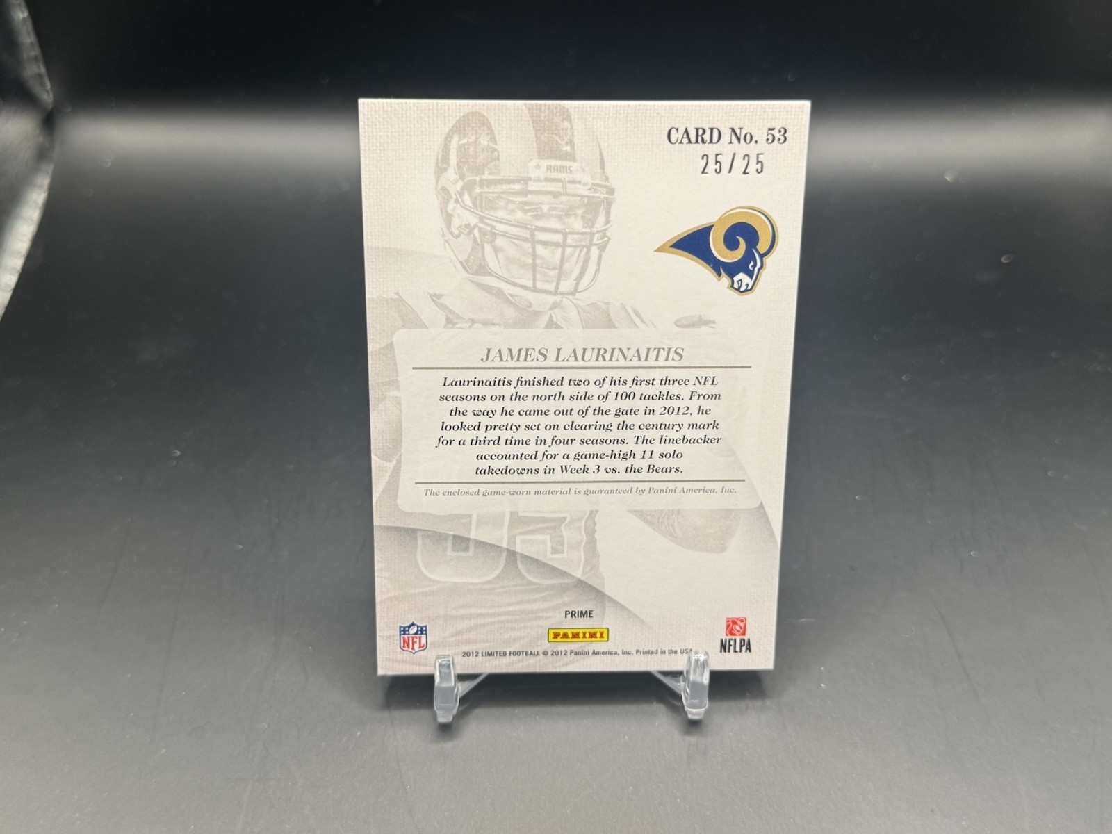 2012 Panini Limited Football James Laurinaitis Limited Threads Patch /25 Rams