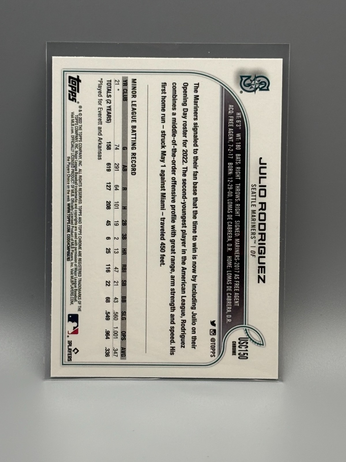 2022 Topps Chrome Update Julio Rodriguez Rookie RC Seattle Mariners #USC150