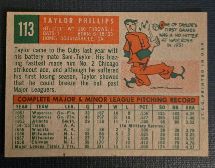 1959 Topps – Taylor Phillips #113 Chicago Cubs Excellent