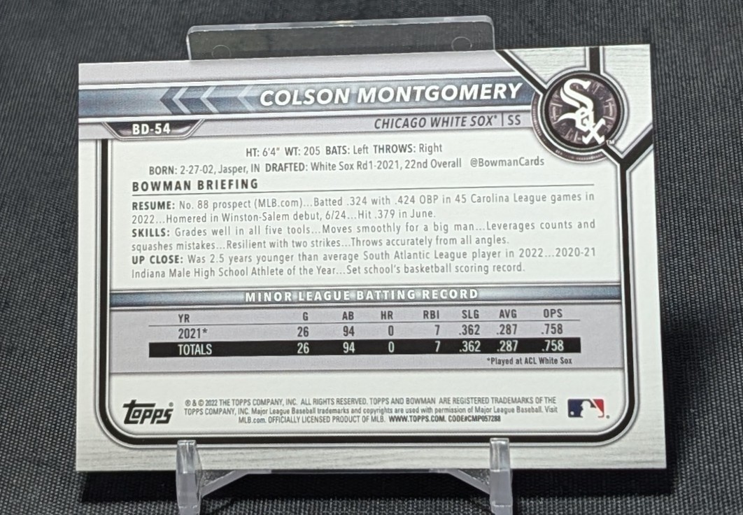 Colson Montgomery Prospect Rookie 2022 Bowman Draft Card BD-54 Chicago White Sox
