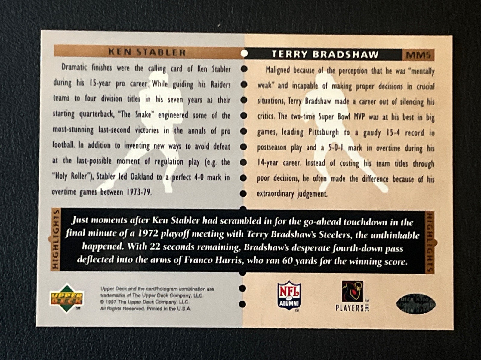 Terry Bradshaw/Ken Stabler 1997 NFL legends UD Marquee Matchups