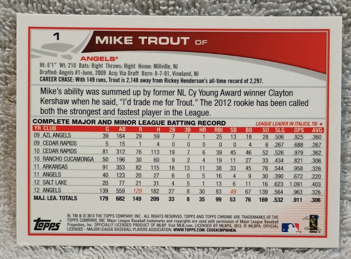 2013 Topps Chrome # 1 MIKE TROUT Rookie Cup RC (Sliding) ~ Los Angeles Angels