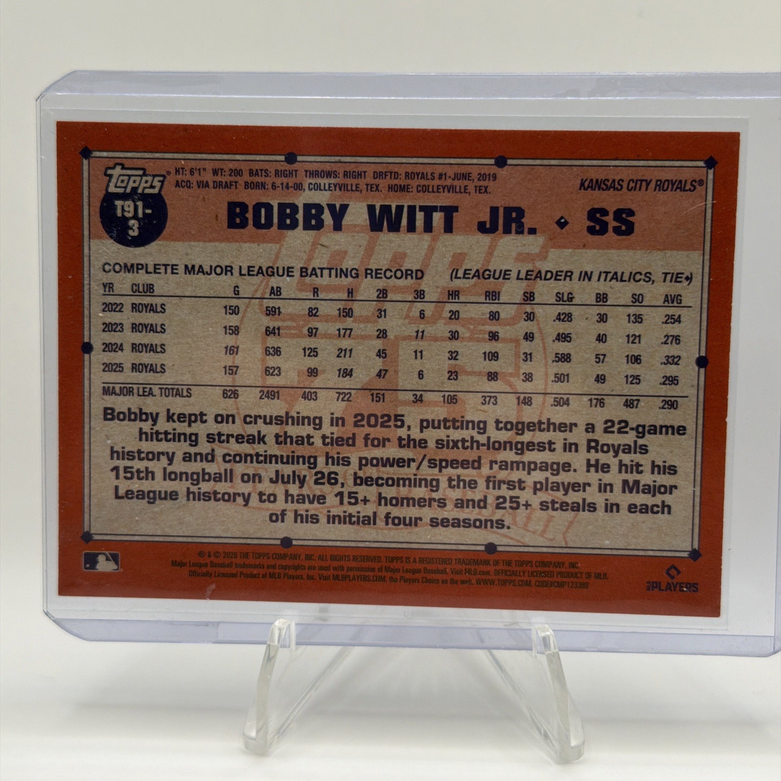 Topps 2026 Series 1 Bobby Witt Jr. Kansas City Royals 1991 Pink Parallel T91-3