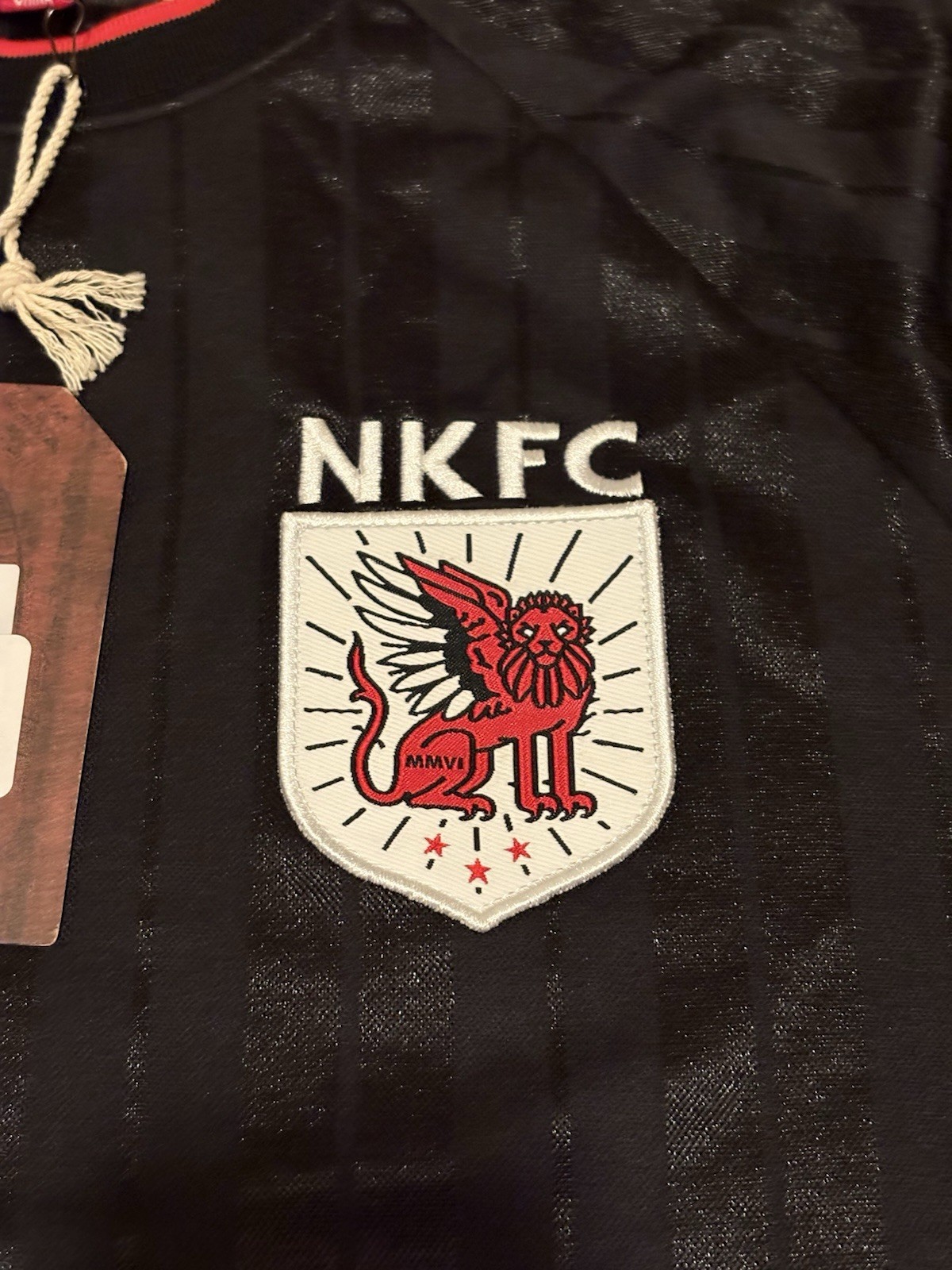NWT Mitchell & Ness Jersey Soccer NKFC Patch LARGE Black Stripe Red