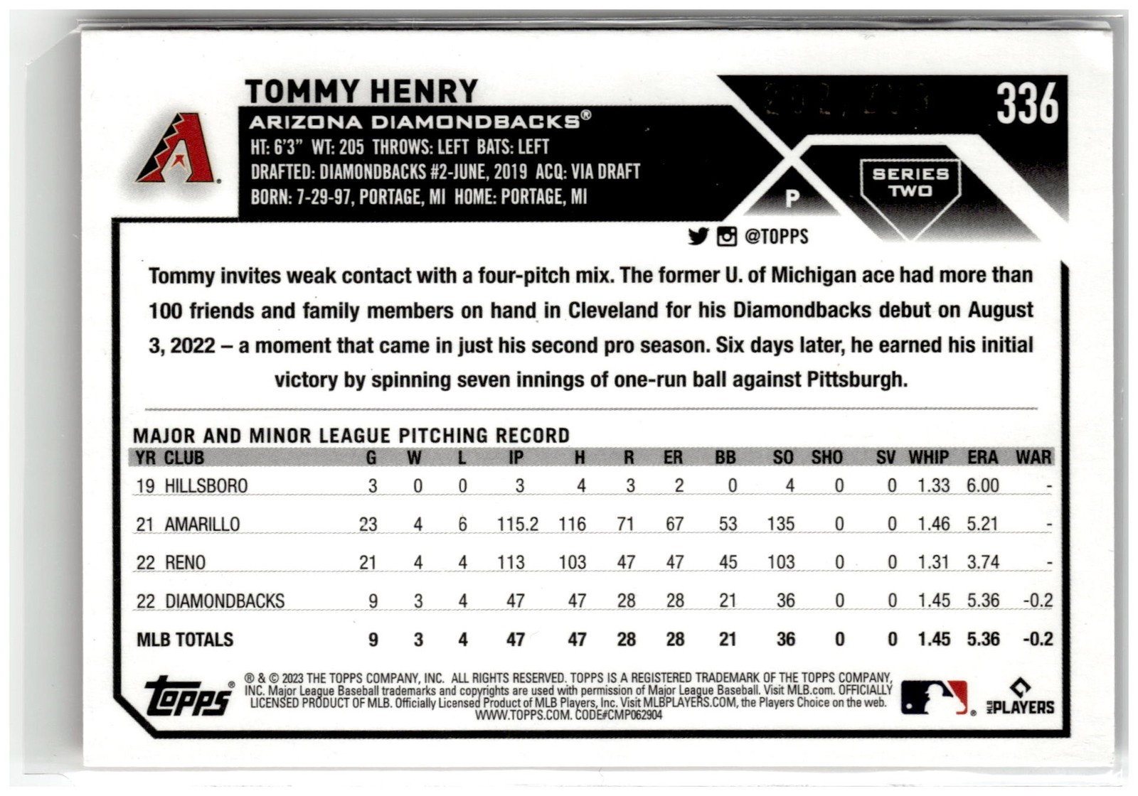 2023 Topps #336 Tommy Henry Orange Foil #/299