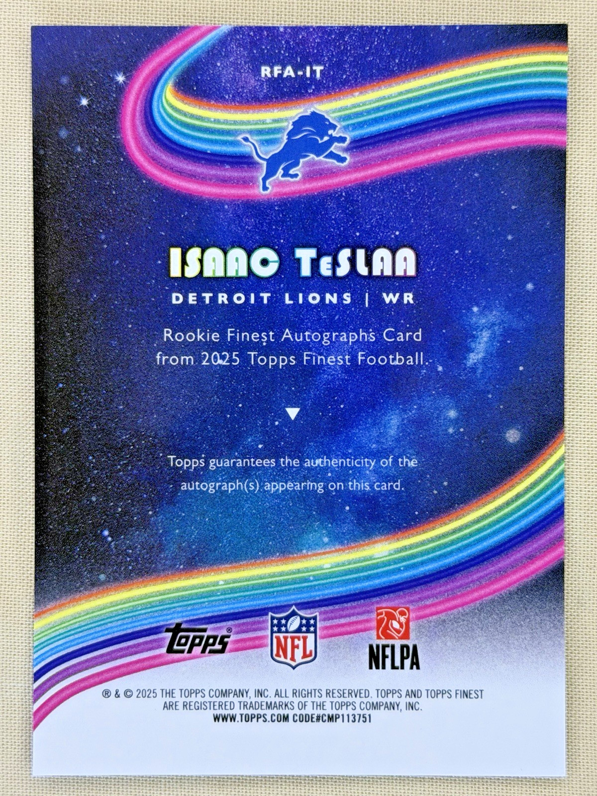 2025 Topps Finest Isaac TeSlaa Rookie Autograph Blue Refractor /99 Detroit Lions