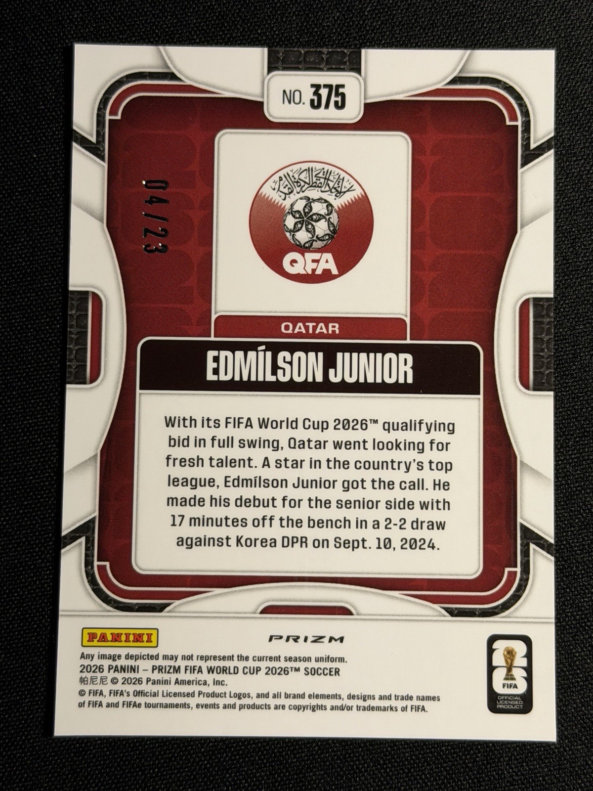 2026 Panini Prizm FIFA World Cup EDMILSON JUNIOR Cracked Ice /23 Qatar No. 375