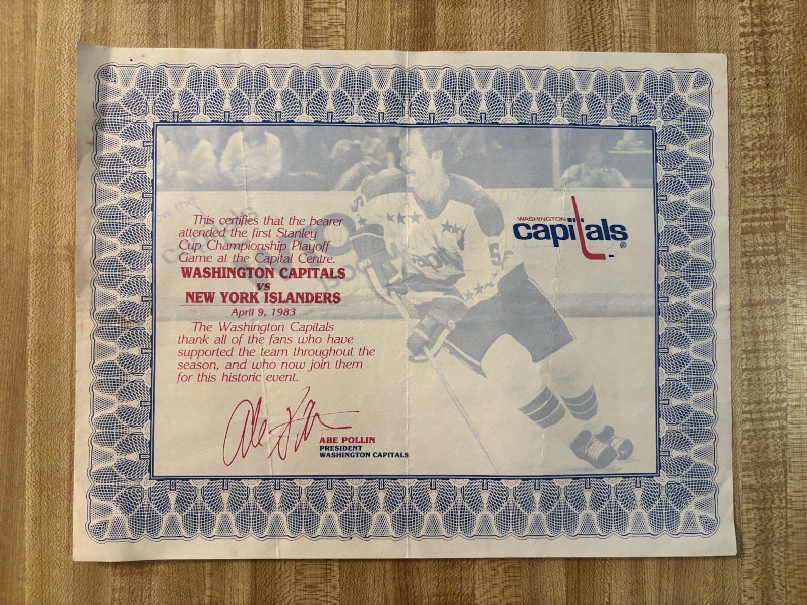 NHL Washington Capitals vs NY Islanders 1983 First Playoff Game Certificate