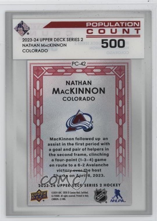 2023 Upper Deck Series 2 Population Count 500 /500 Nathan MacKinnon #PC-42 1a7z