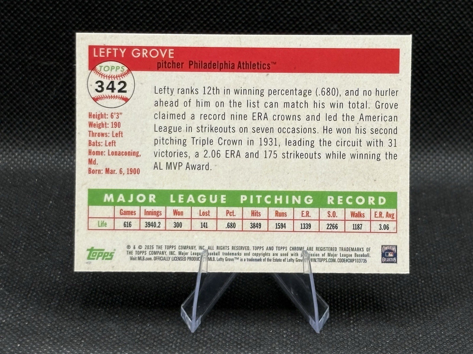Lefty Grove 2025 Topps Chrome Platinum #342 Philadelphia Athletics
