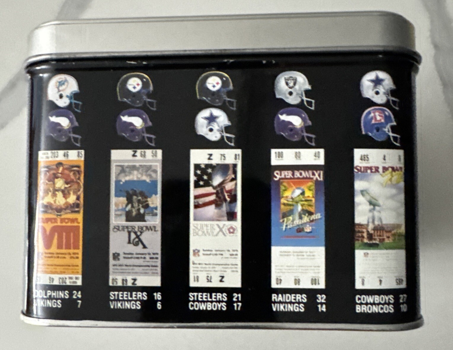 NFL Super Bowl XXV Silver Anniversary Candy Tin w/ SB Booklet (5” x 7” x 4”)