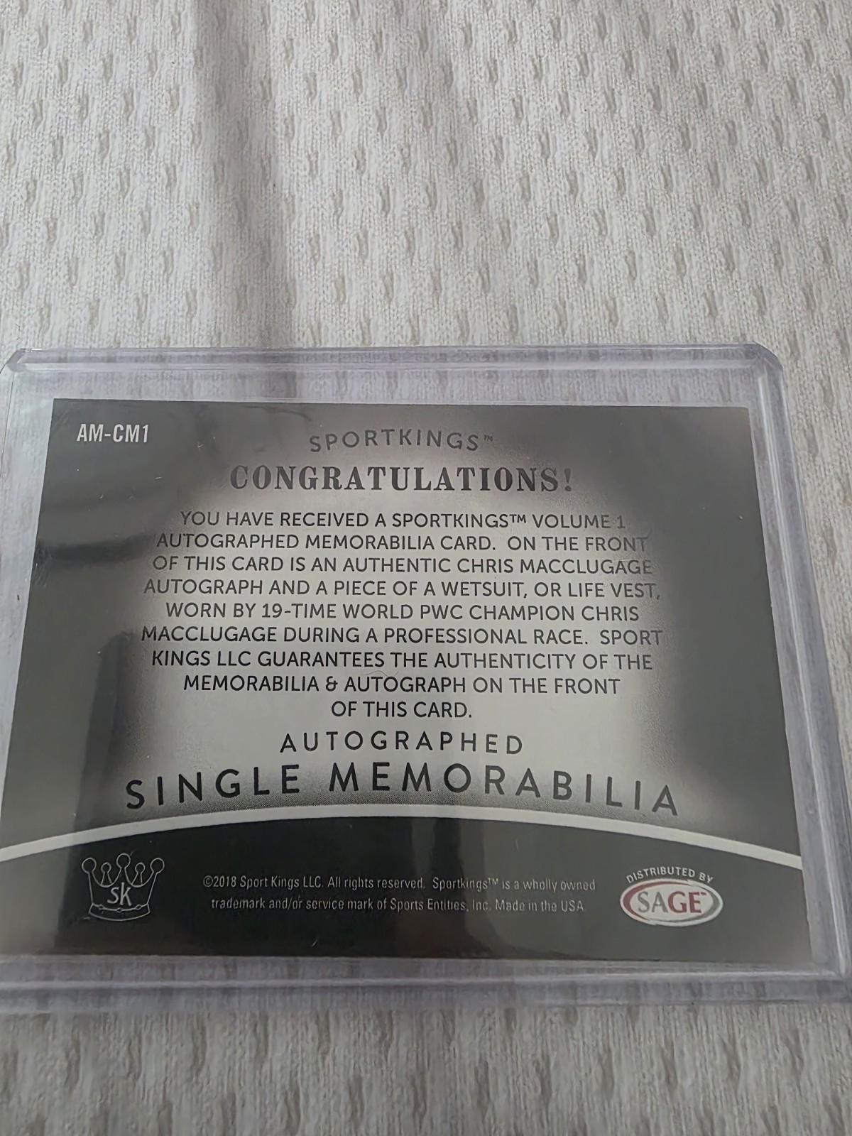 2018 Sage Sportkings Auto Memorabilia Chris Macclugage #AM-CM1 Auto Patch