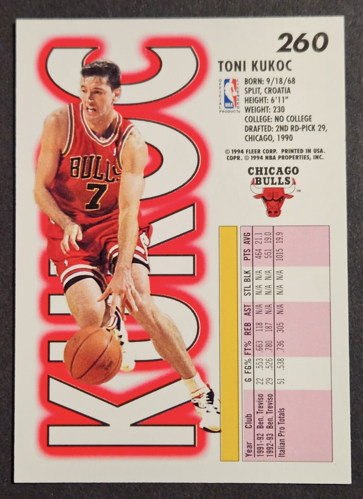 1993-94 Fleer #260 Toni Kukoc Rookie Card RC Chicago Bulls HOF