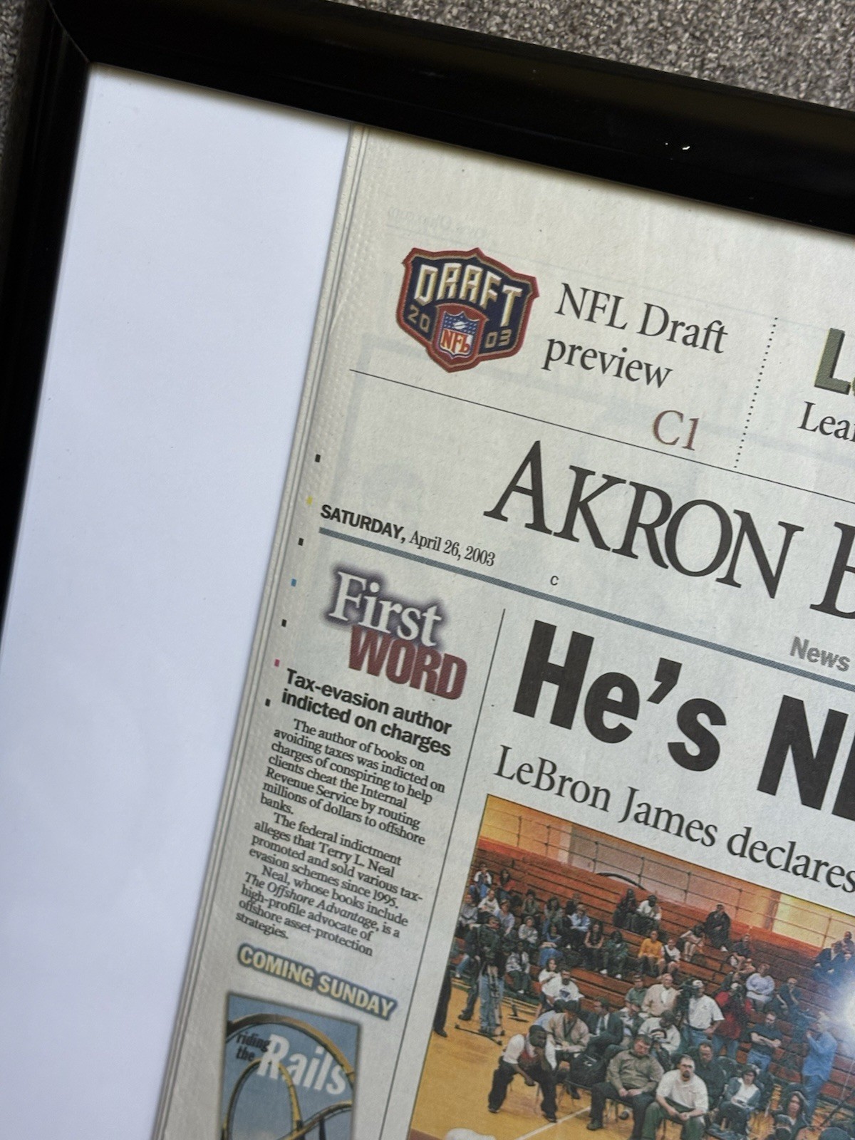 LEBRON JAMES 2003 NBA DRAFT DECISION AKRON BRACON NEWSPAPER 4/26/2003 FRAMED